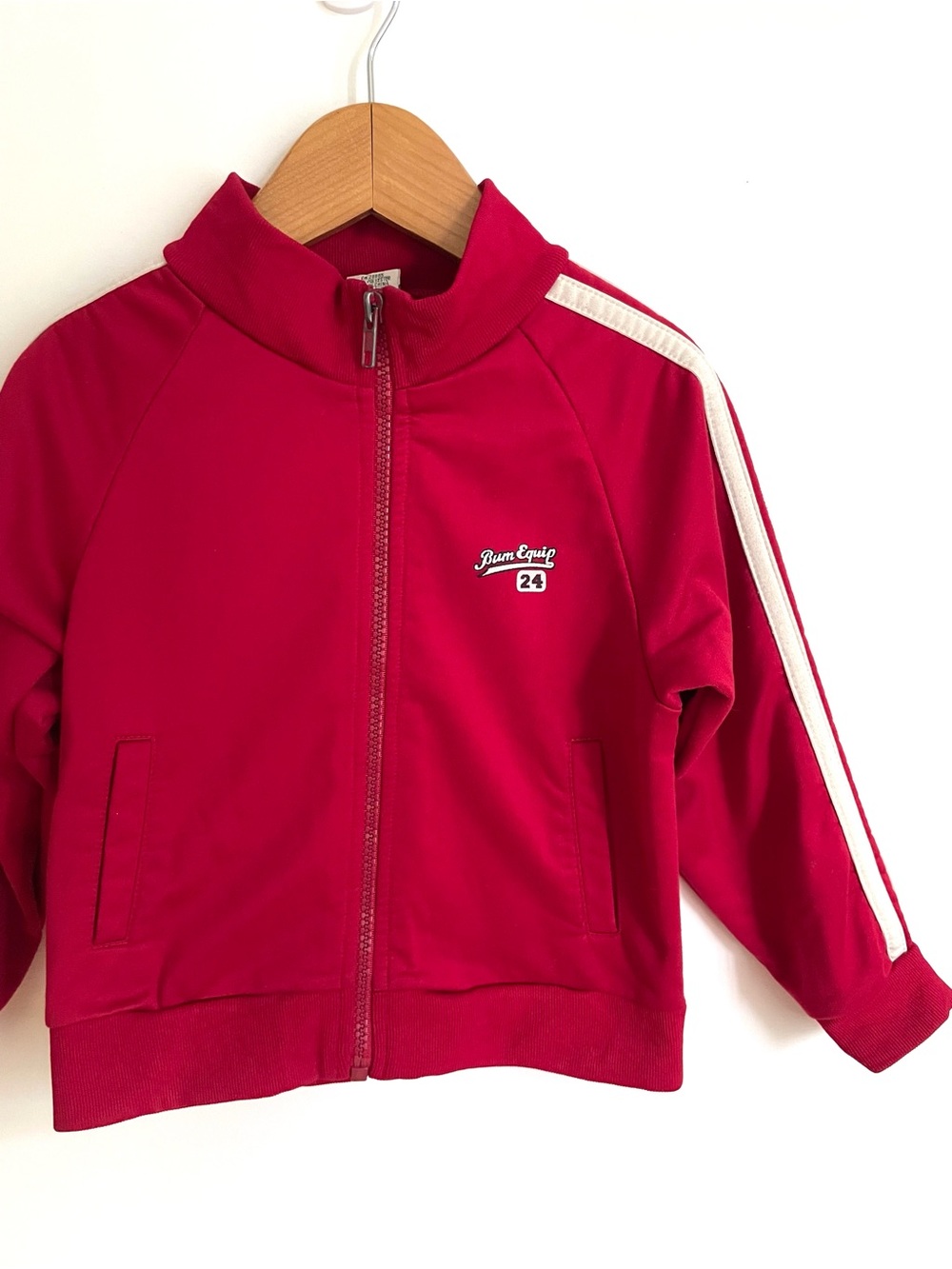 Vintage b.u.m. equipment Track Jacket, Raspberry Red, Classic Taupe Arm Stripes